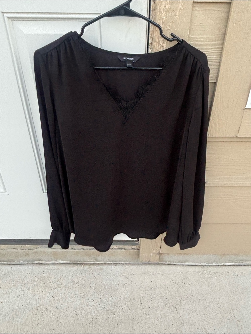 Express Black Long Sleeve V-Neck Lace Trim Blouse